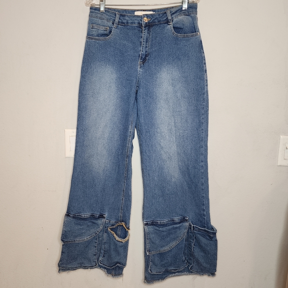 Lizette Collection Pocket‎ Hem Wideleg Stretch Denim Highrise Jeans Size 9